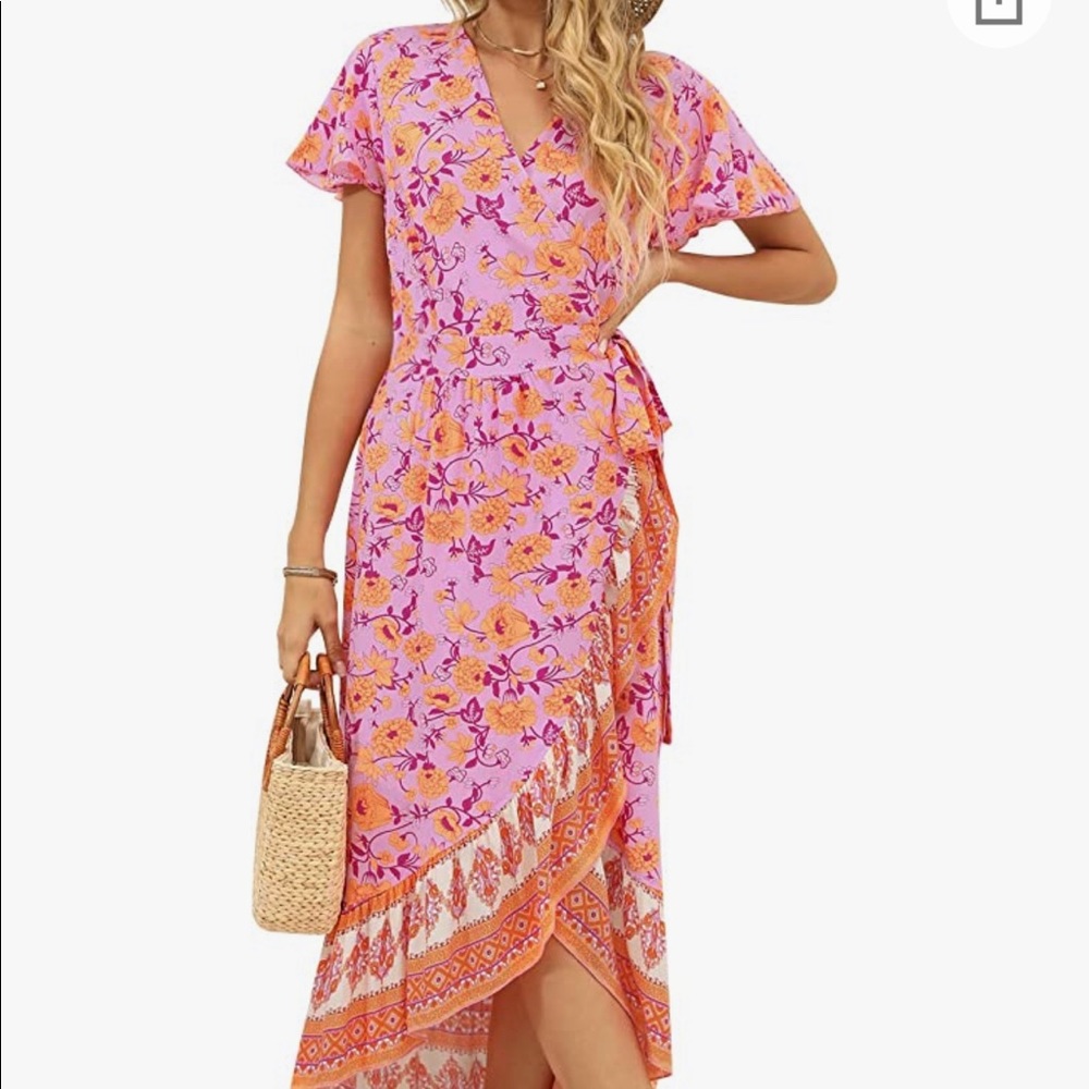 ZISICA Women's Summer Bohemian Floral Printed Wrap V Neck Ruffle Midi Dress